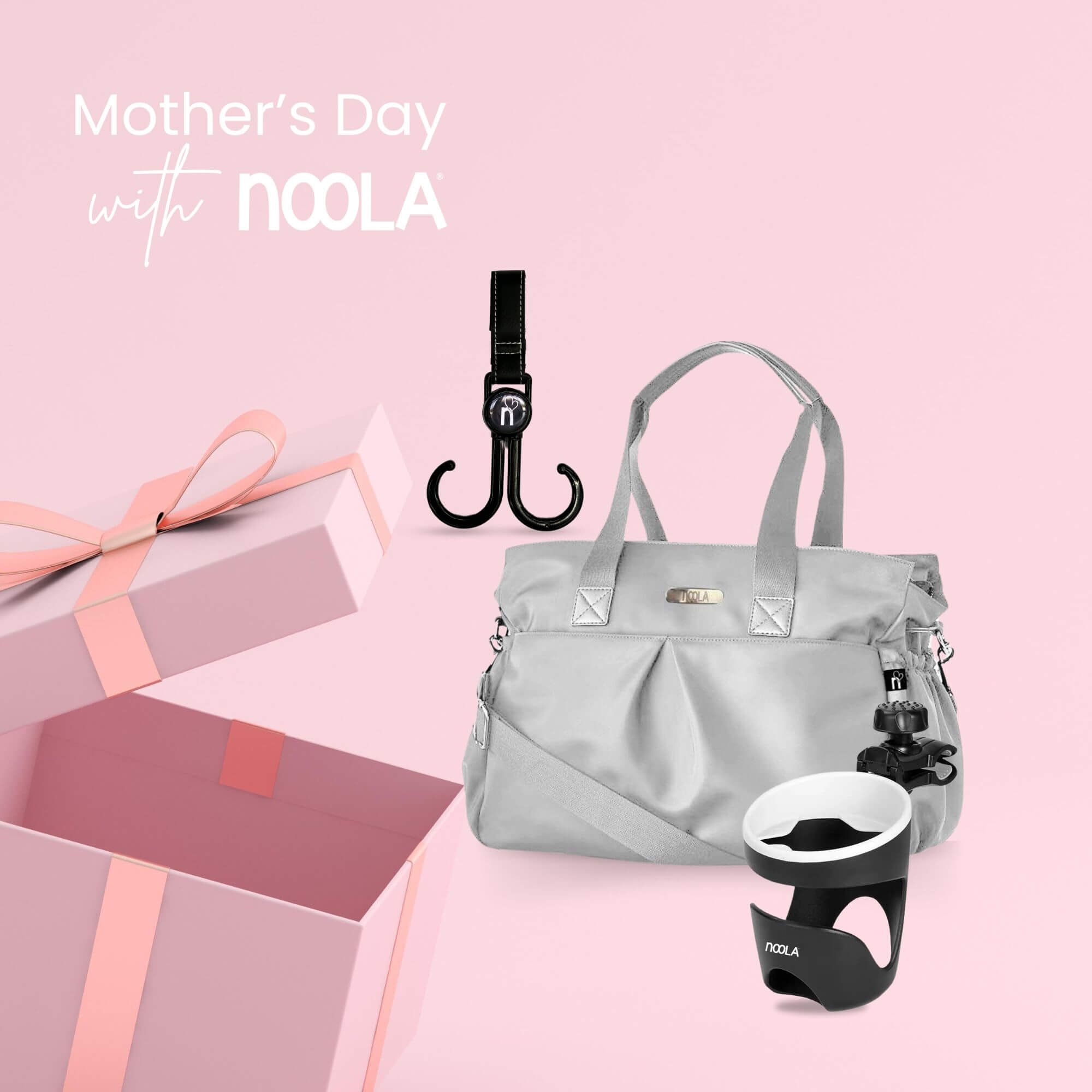 noola mothersday gift box bundle diaper bag grey with stroller accessories