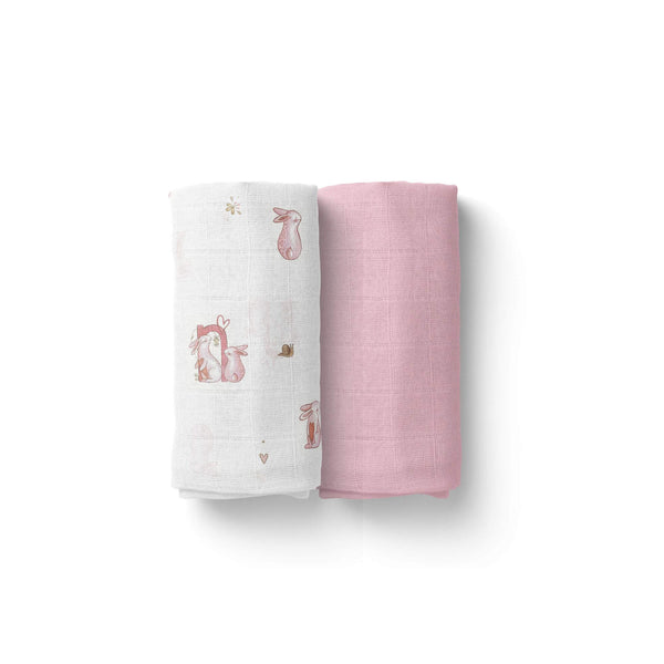 baby swaddle blankets 100% bamboo with pink bunny designs on a white background
