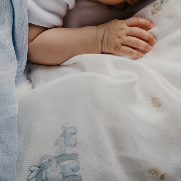baby swaddle blankets 100% bamboo with blue elephant designs on a white background