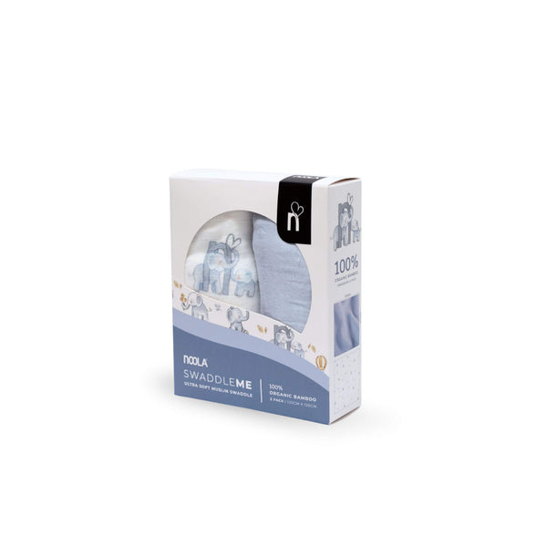 baby swaddle blankets 100% bamboo with blue elephant designs on a white background