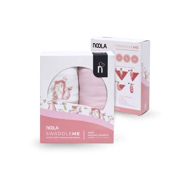 baby swaddle blankets 100% bamboo with pink bunny designs on a white background