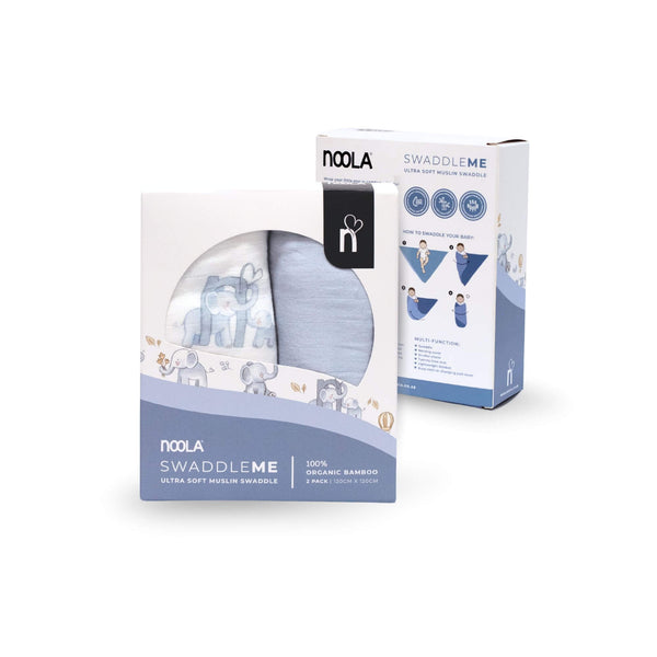 baby swaddle blankets 100% bamboo with blue elephant designs on a white background