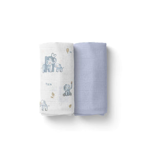 baby swaddle blankets 100% bamboo with blue elephant designs on a white background