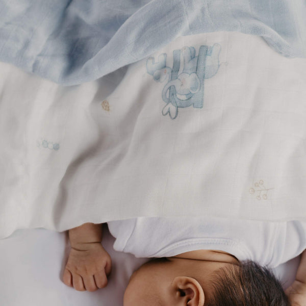 baby swaddle blankets 100% bamboo with blue elephant designs on a white background