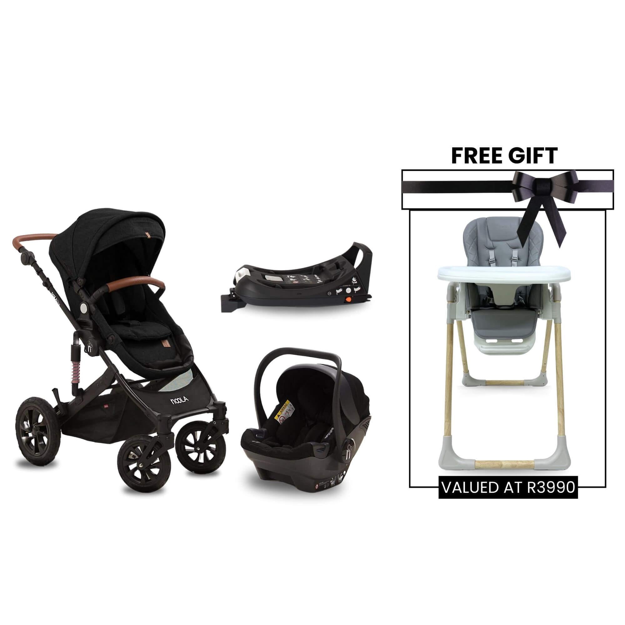 noola the elite 4in1 travel system midnight black baby stroller with free baby high feeding chair