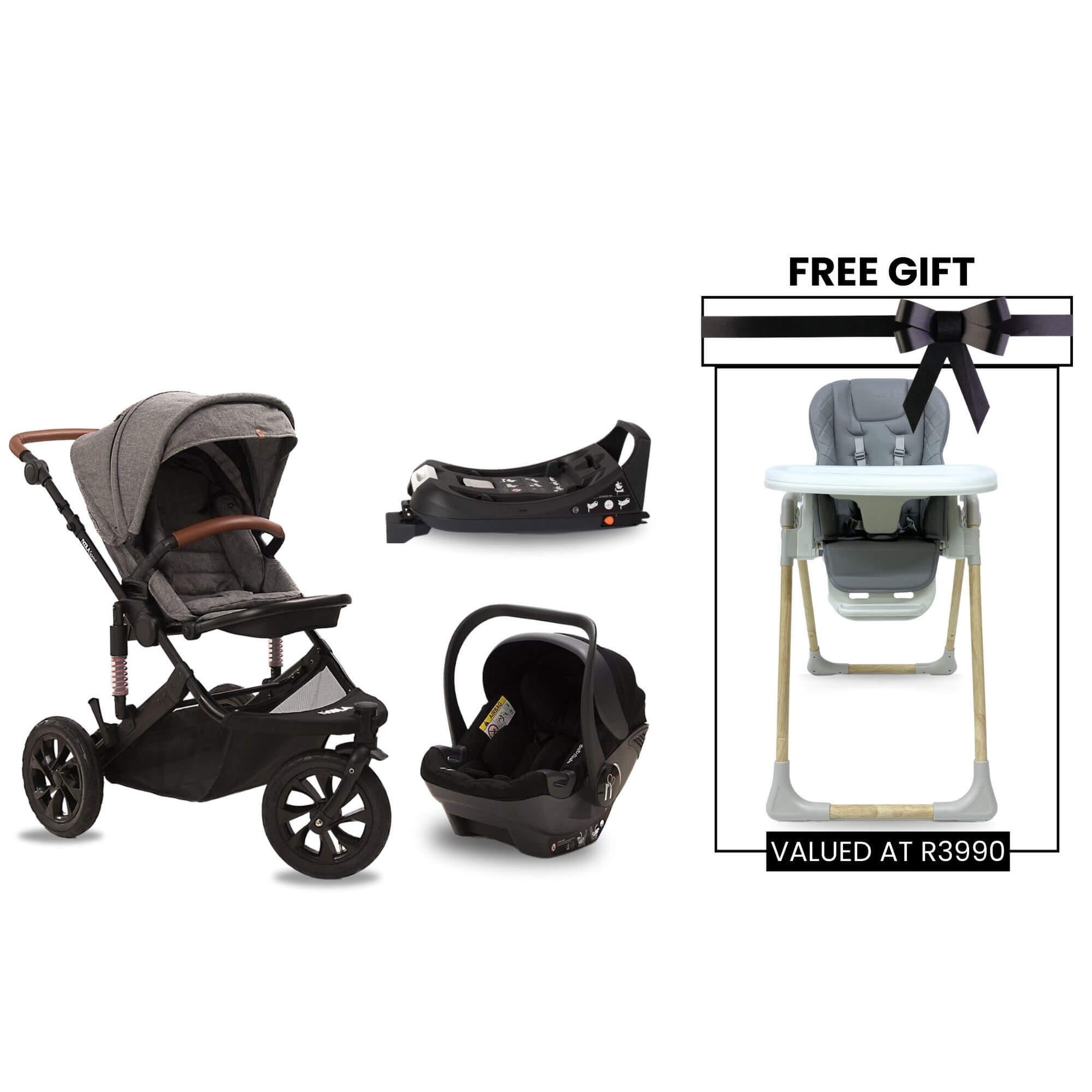 noola sprint 4in1 travel system with isofix lunar grey baby stroller and free baby high feeding chair